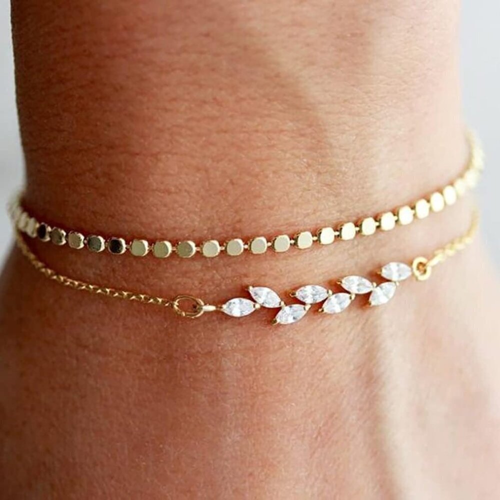 Dainty Layered Bracelets Set Gold Plated Beaded CZ Gift for Women - Picture 2 of 9